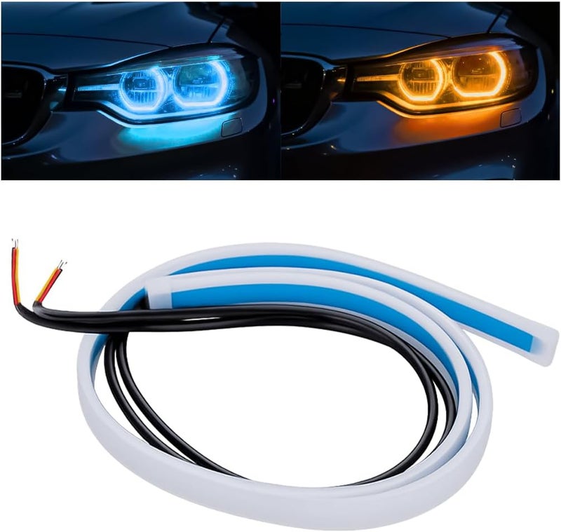 Sandfren 2PCS Car Headlight LED Strip Light, 24" Flexible Dual Color Turn Signal Light Strip with Dynamic Streamer Effect, Waterproof Automotive Daytime Running Lamp, Universal Fit (Ice Blue/Yellow) - Image 1